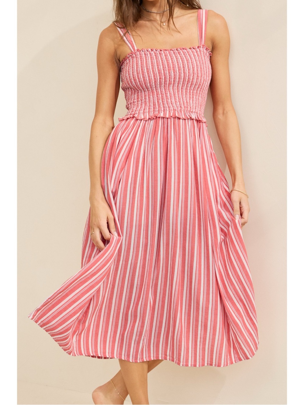aerie Pink and White Striped Smocked Midi Sundress